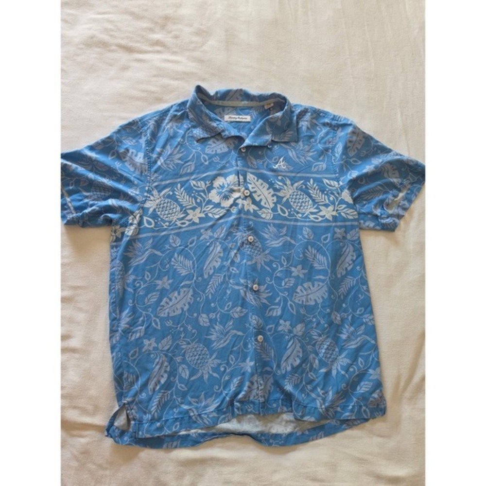Tommy Bahama Atlanta Braves MLB Tropical Print Button Down Shirt Mens Large Blue